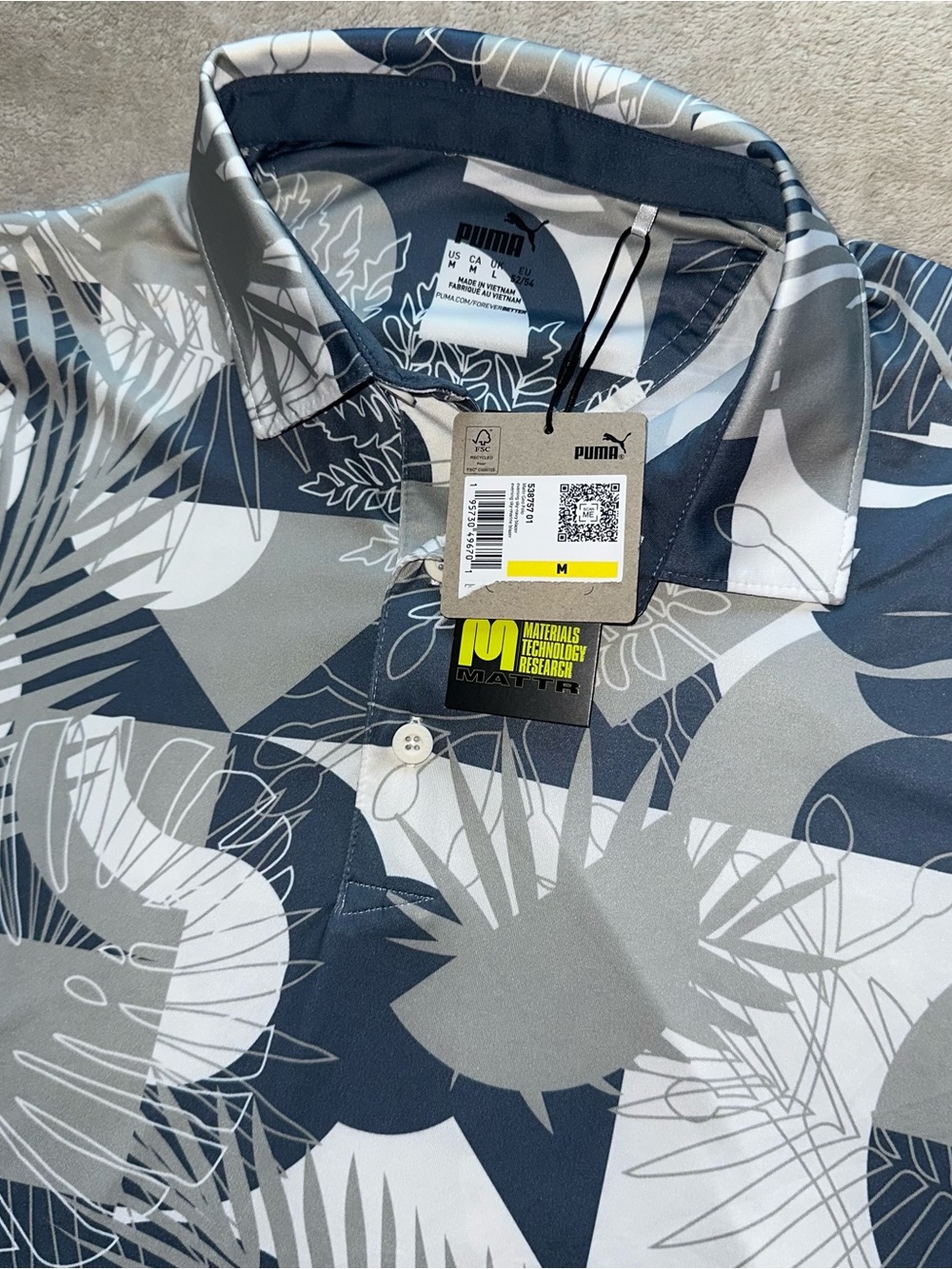 NWT PUMA MATTR Geometric Golf Polo Shirt Mens Medium Blue Gray Abstract Print